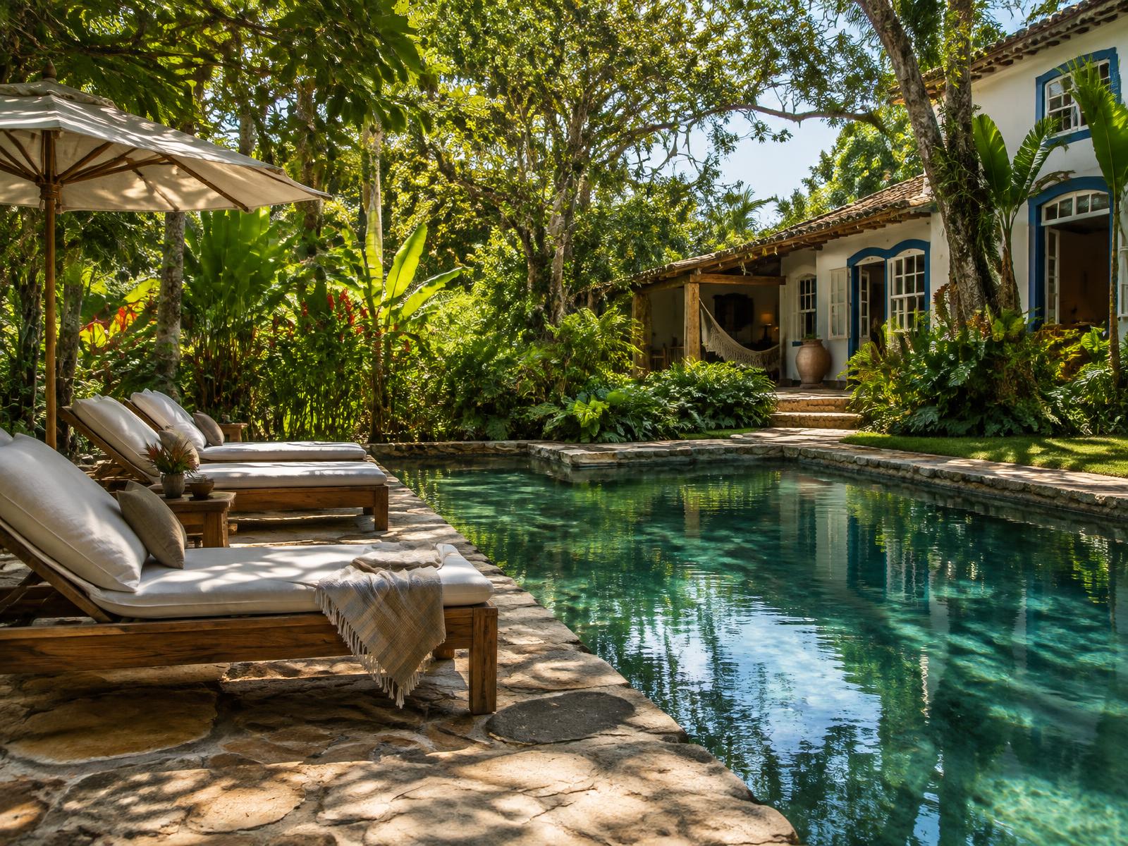 Piscina de pedra em jardim tropical em Trancoso