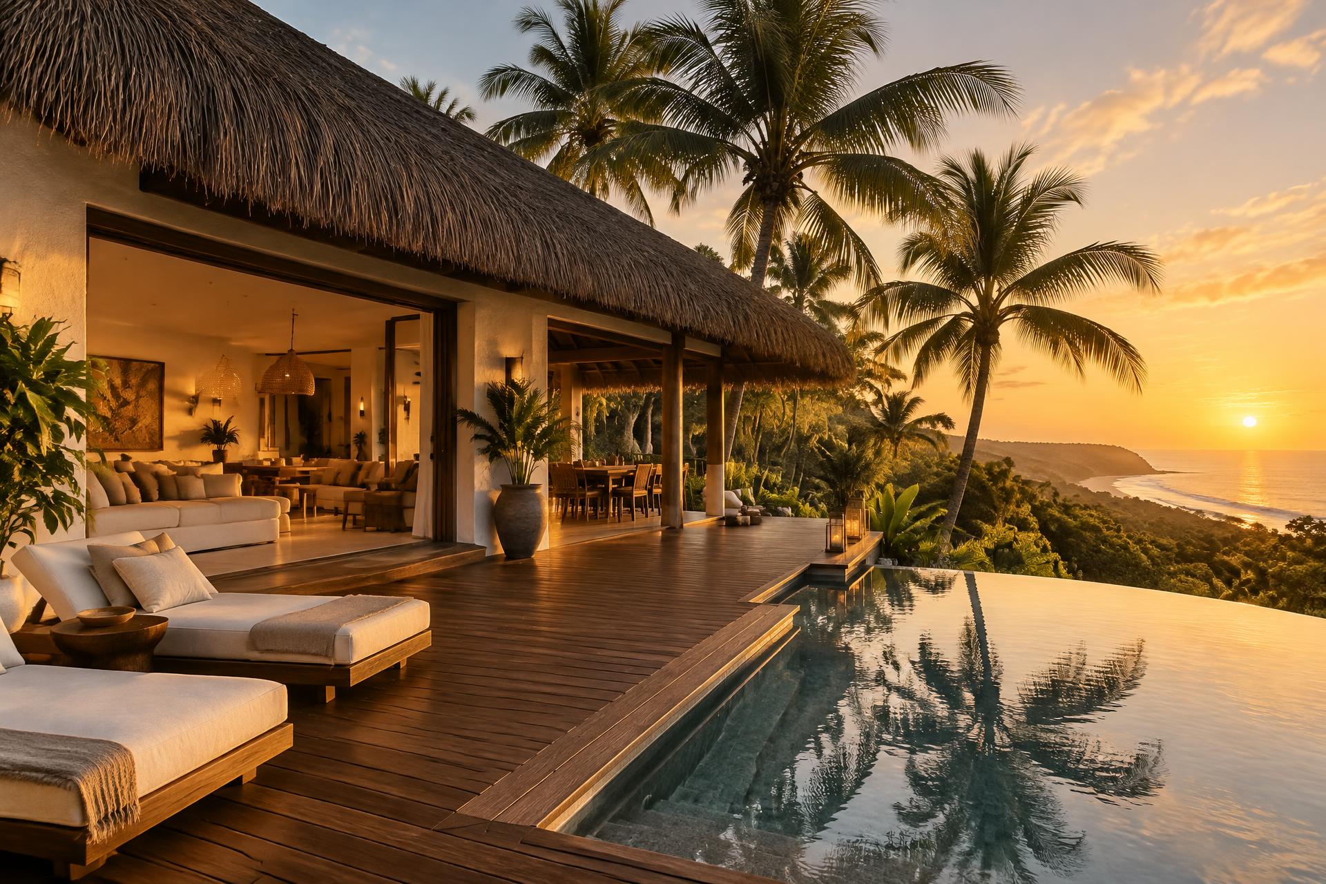 Casa em Trancoso ao entardecer, com piscina e vista para o mar